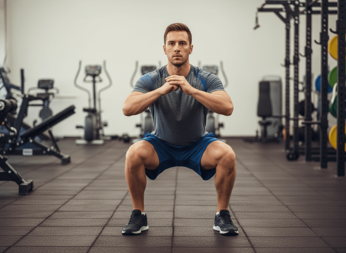 Man in gray shirt and blue shorts doing a squat exercise in a gym with cardio machines in the background
