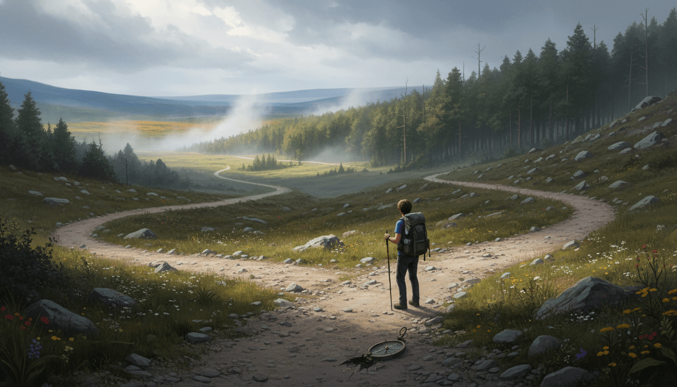 Hiker with backpack and walking stick standing at a forked dirt path in a misty forested valley.