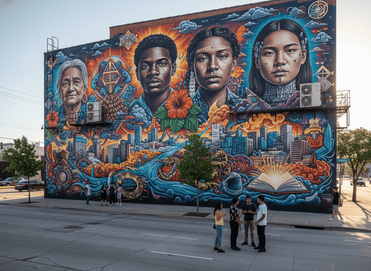 Mural featuring diverse faces, cityscape, and symbolic elements with people standing and walking nearby on the street.