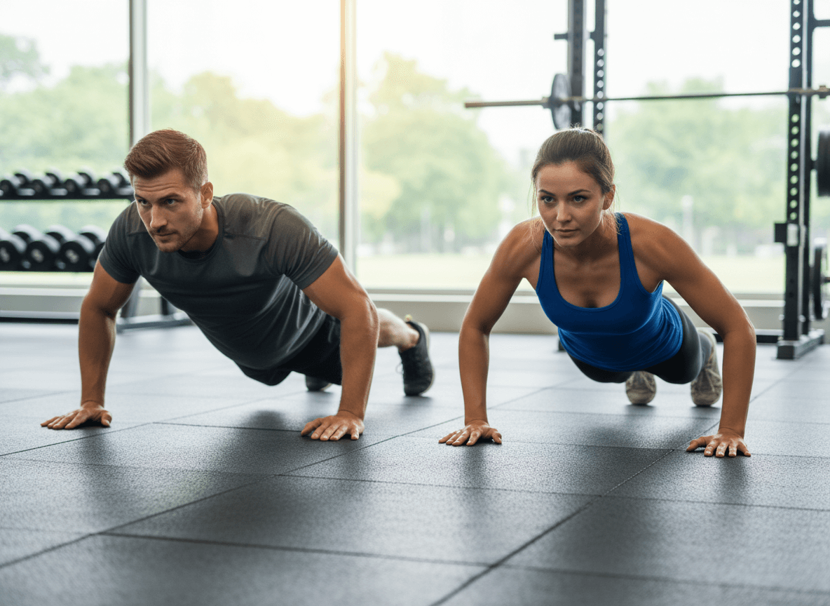 Man and woman doing push-ups in a gym with large windows and weight racks in the background