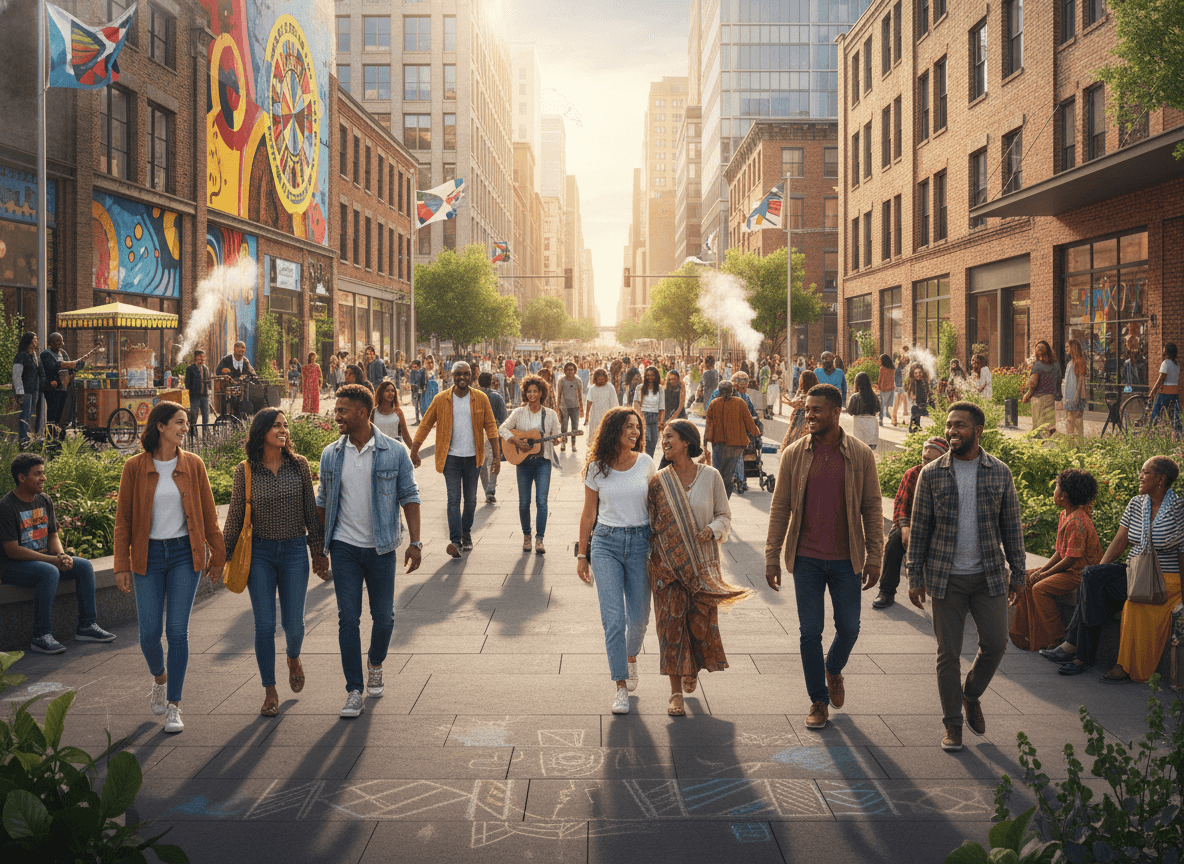 Diverse group of people walking and socializing on a sunny urban pedestrian street with murals and greenery.