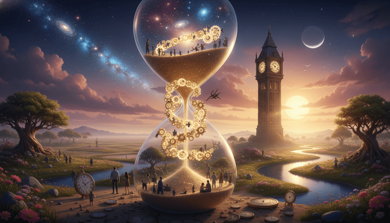 Surreal hourglass with glowing gears and people inside, set in a landscape with Big Ben, clocks, and a winding river at sunset.