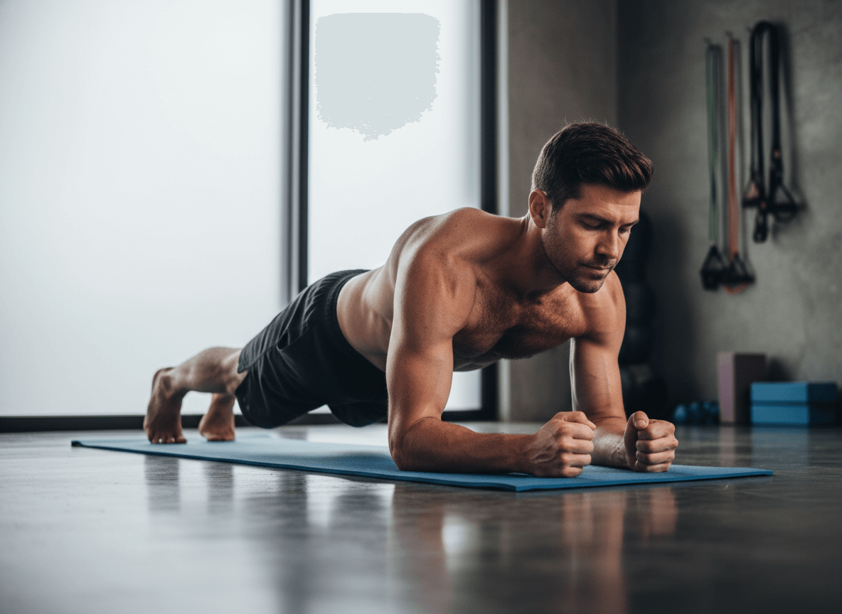 Muscular man in black shorts doing a forearm plank on a blue yoga mat in a gym.