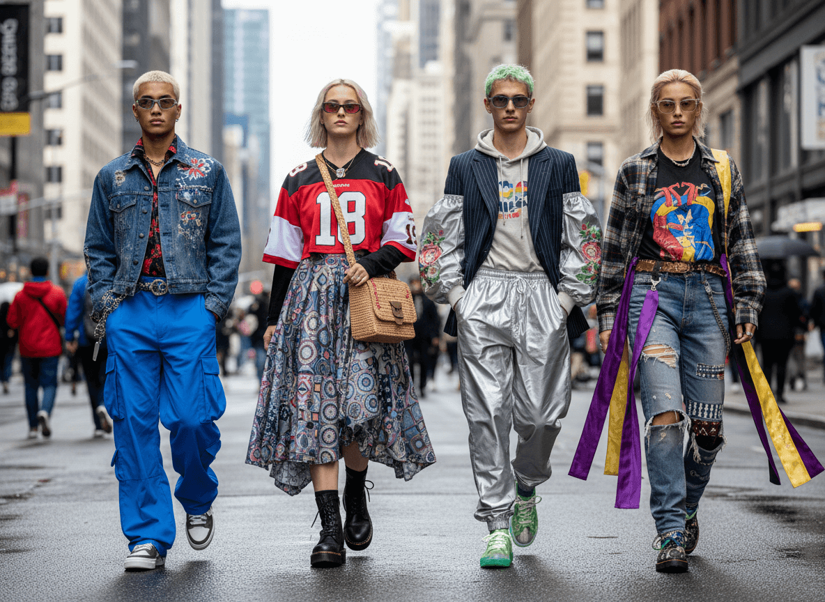 Four diverse young adults walking on city street wearing eclectic streetwear with bright colors and patterns