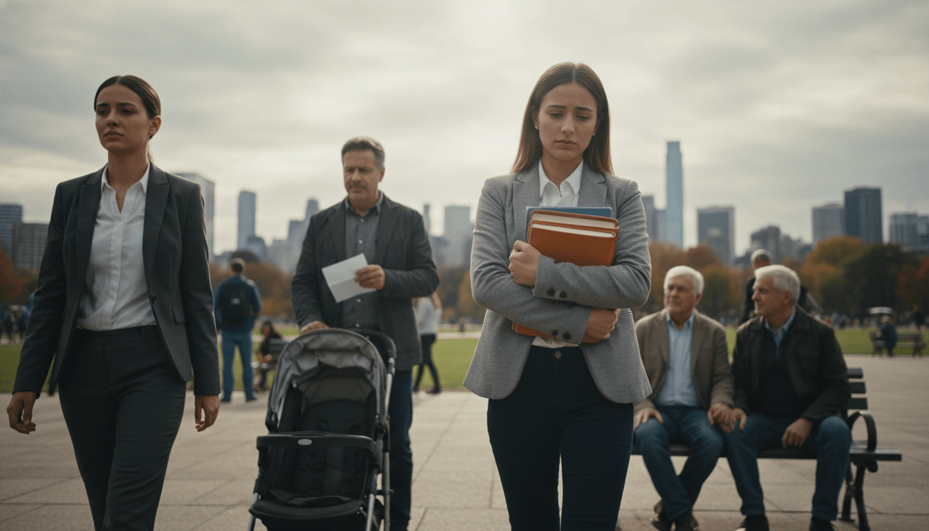 Two women in business attire walking outdoors with a man pushing a stroller and two elderly men sitting on a bench in the background