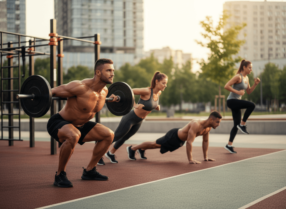 Four people exercising outdoors: a man squatting with a barbell, a woman doing push-ups, a man in plank position, and a woman running in place.