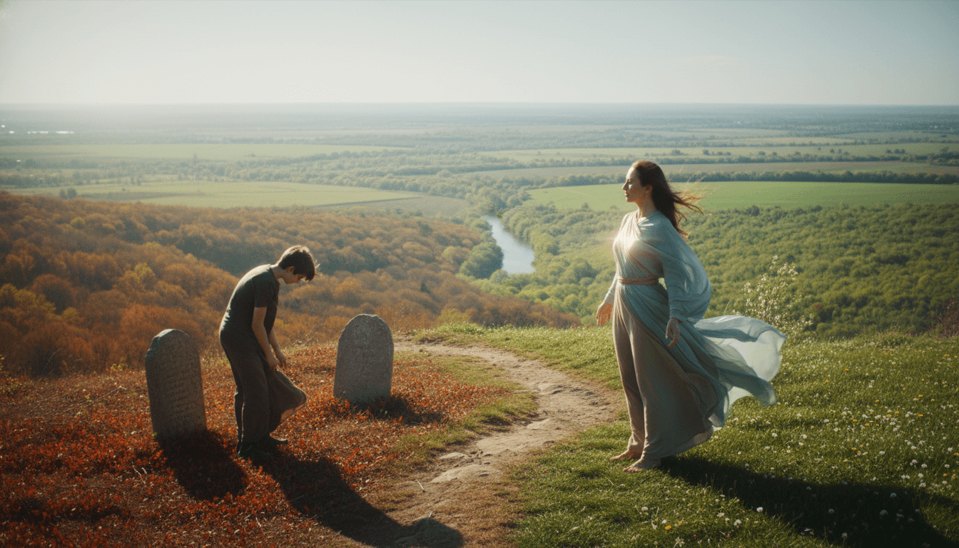 Woman in flowing dress stands on hilltop near boy by two gravestones with river and fields in background