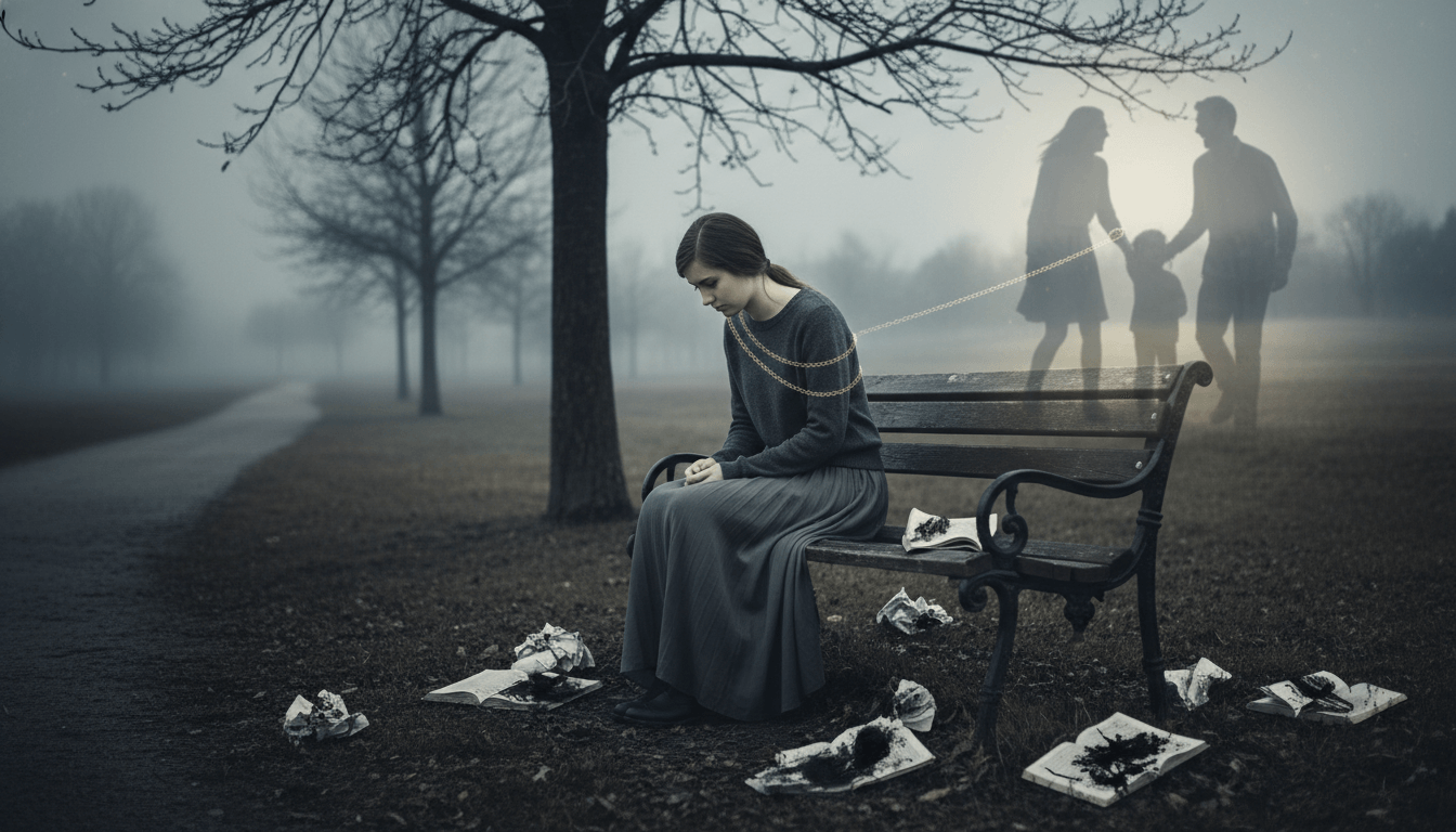 Sad woman sitting on a bench chained to ghostly family figures in a foggy park with scattered torn papers.