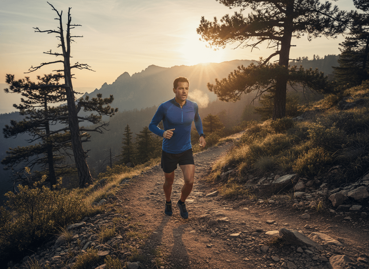 Man in blue long-sleeve shirt and black shorts running on a mountain trail at sunrise with visible breath.