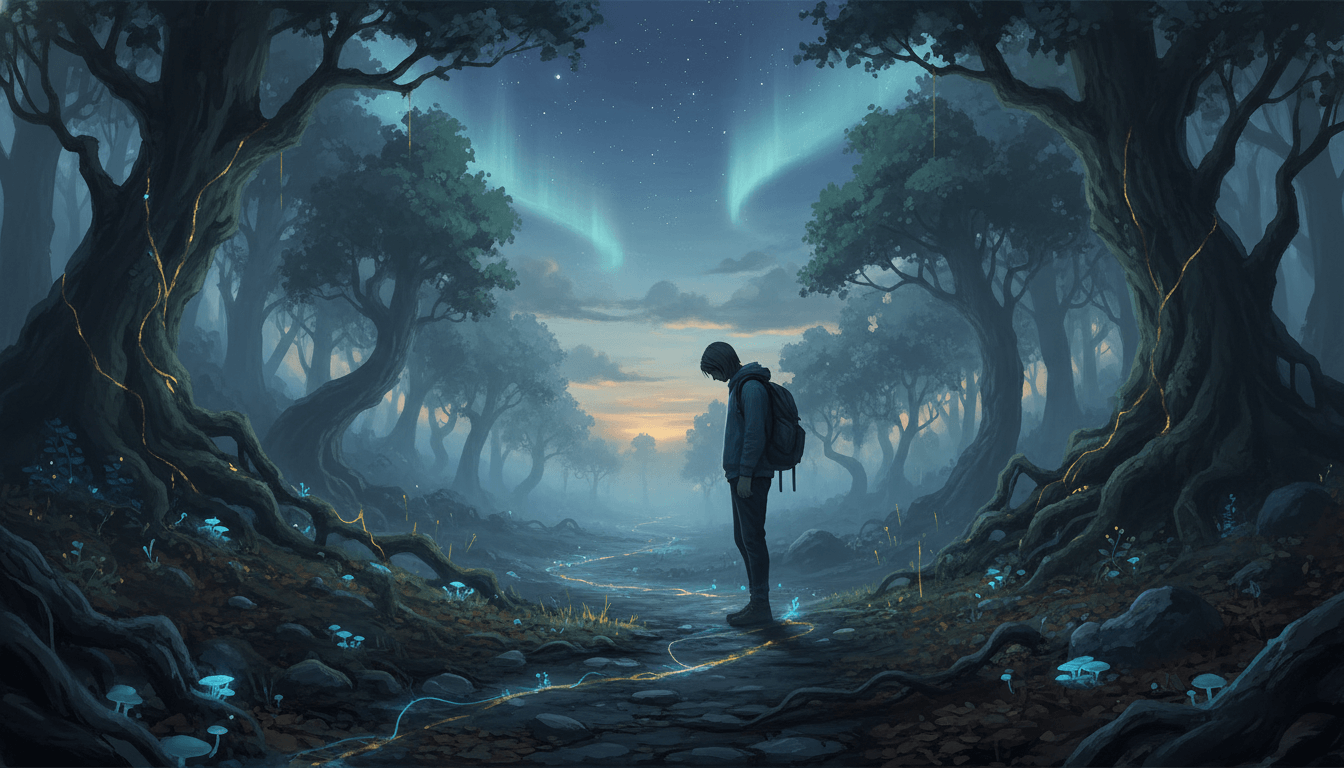 Person with backpack standing on a glowing path in a mystical forest under northern lights at dusk
