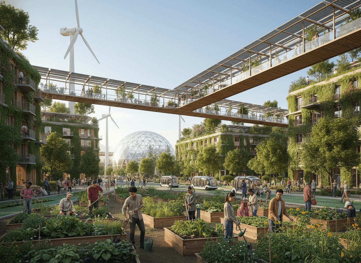 People gardening in raised beds in a sustainable urban community with green buildings, wind turbines, and a glass dome.