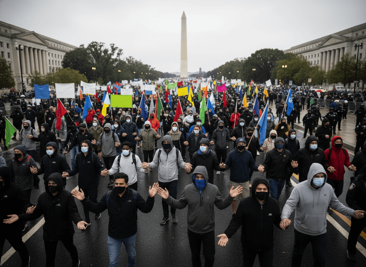 Large crowd of masked protesters holding hands and colorful signs near the Washington Monument in Washington, D.C.