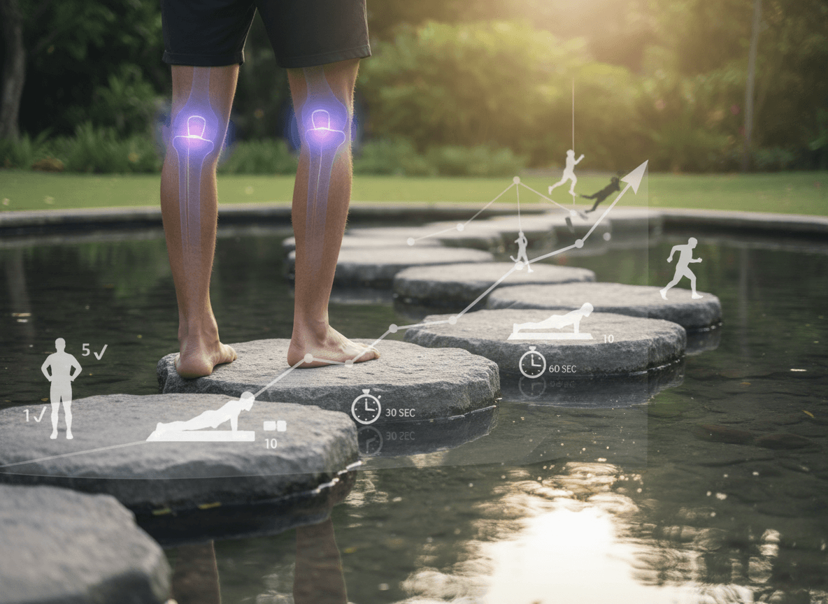 Person standing barefoot on stepping stones over water with glowing knee joints and fitness progress icons overlayed