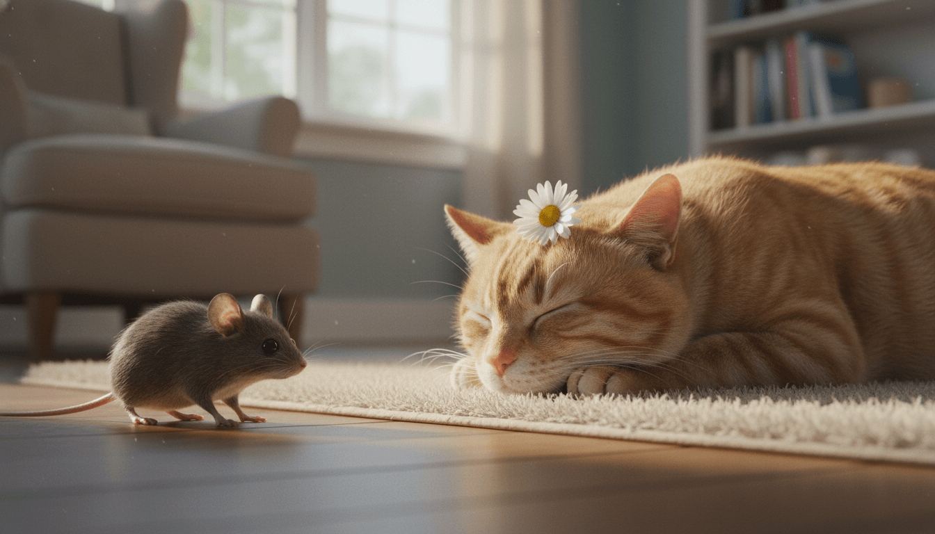 Orange tabby cat with a daisy on its head sleeping on a rug near a small gray mouse on a wooden floor.