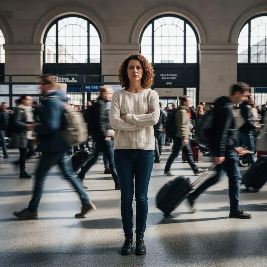 Woman in white sweater standing still with arms crossed in busy train station with blurred travelers walking by