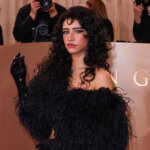 Woman with curly hair wearing a black feathered off-shoulder top and wide-leg pants on a red carpet at the Golden Globes