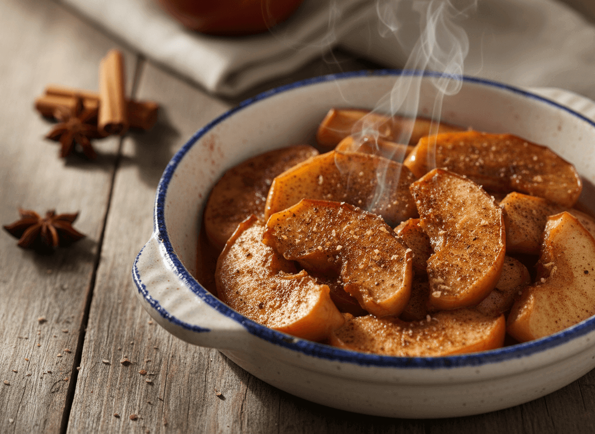 Steaming baked cinnamon-spiced apple slices in a white ceramic dish with cinnamon sticks and star anise nearby.
