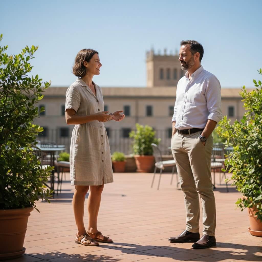 Two people having a conversation on a sunny terrace with potted plants and a historic building in the background.