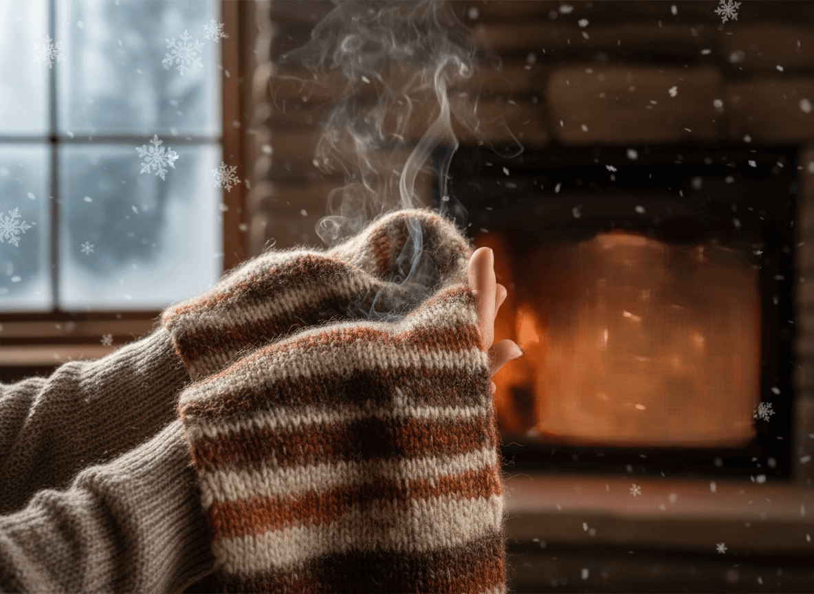 Hands in striped woolen mittens warming by a fireplace with snowflakes outside a window