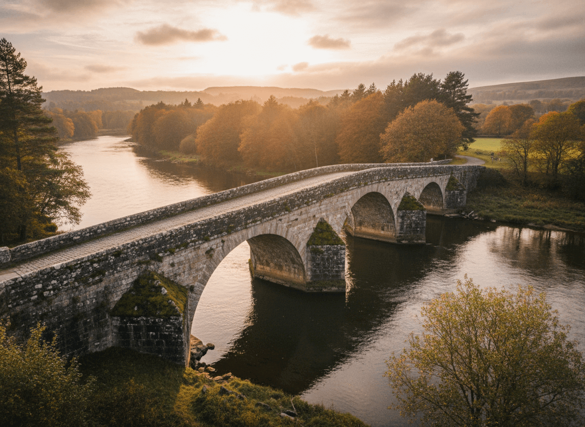 Stone arch bridge over calm river surrounded by autumn trees at sunset