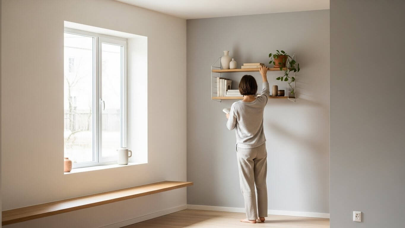Person in beige loungewear arranging books and plants on a wall-mounted wooden shelf in a minimalist room.