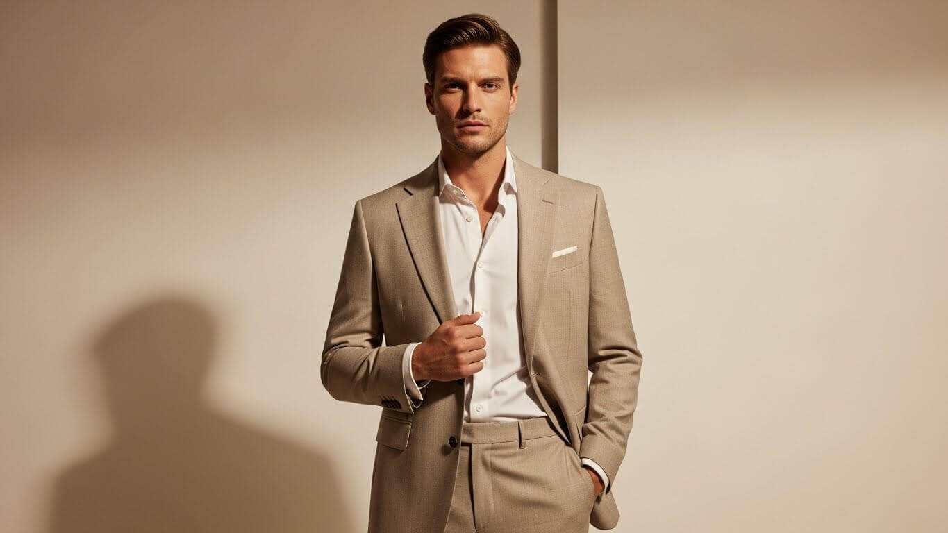 Man wearing a beige suit and white dress shirt standing against a beige background with one hand in pocket.