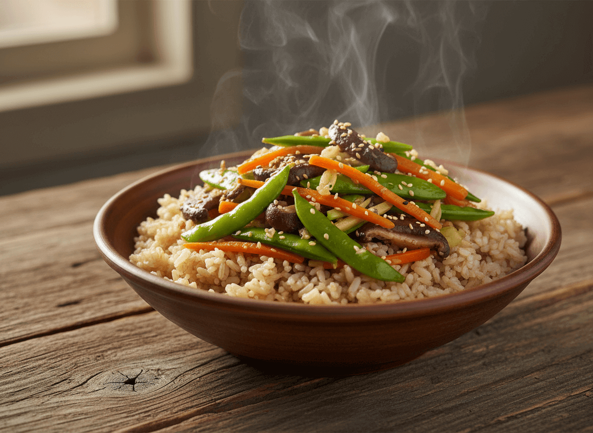 Steaming bowl of brown rice topped with sautéed snow peas, carrots, mushrooms, and sesame seeds on a wooden table.