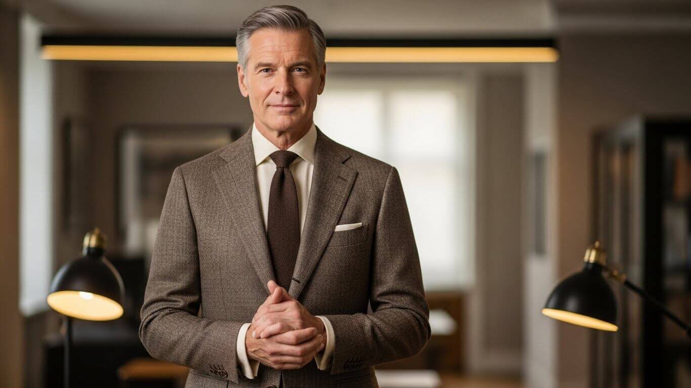 Mature man in a brown suit and tie standing in a warmly lit office with two desk lamps.