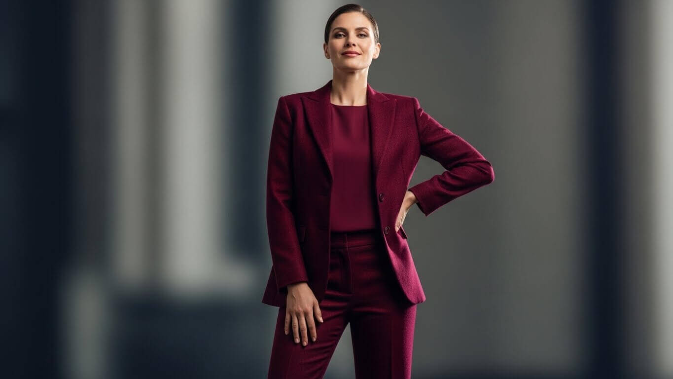 Confident woman wearing a burgundy suit standing with hand on hip against a blurred gray background.