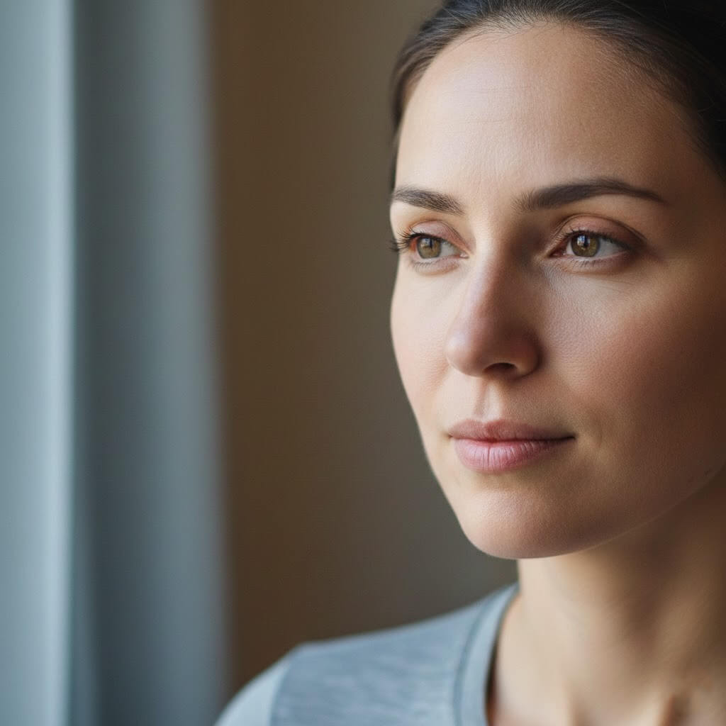 Close-up of a woman with brown eyes looking thoughtfully out a window with soft natural light.