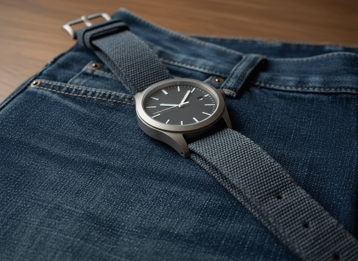 Minimalist black wristwatch with gray fabric strap on blue denim jeans pocket