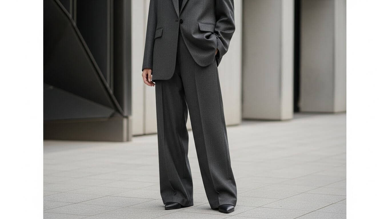 Person wearing a dark gray wide-leg suit with black pointed shoes standing outdoors