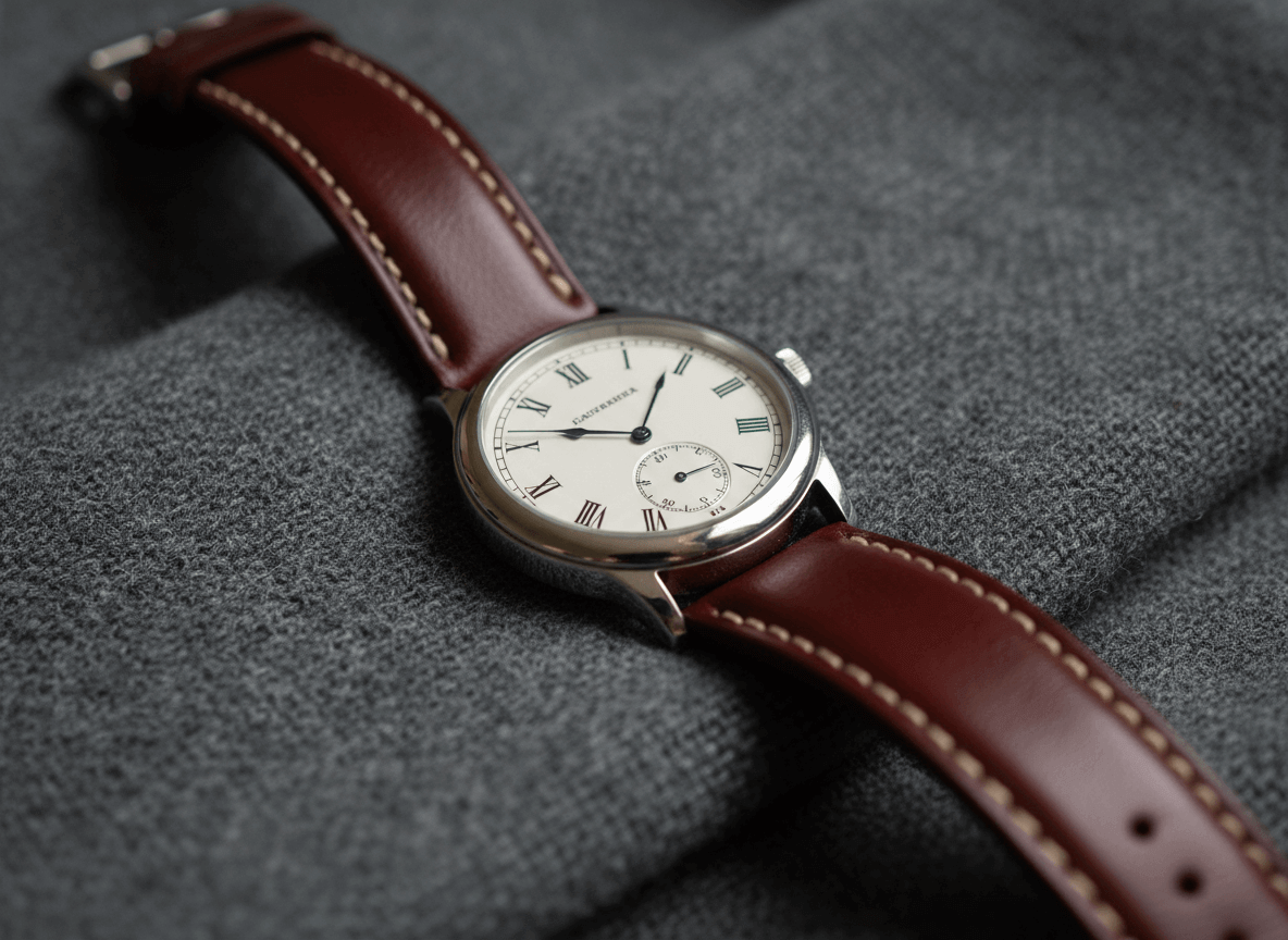 Wristwatch with white dial, Roman numerals, and brown leather strap on gray fabric background