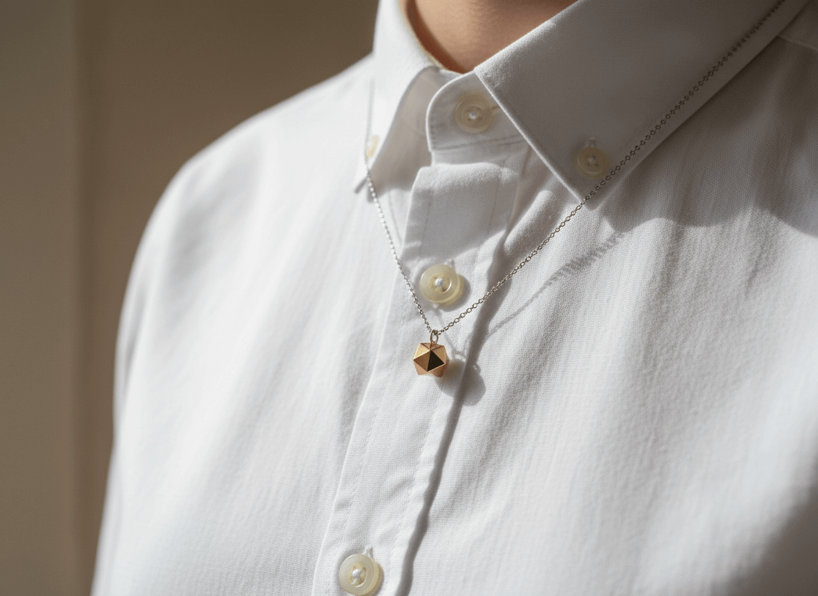 Close-up of a person wearing a white button-up shirt with a silver chain necklace and a gold geometric pendant.