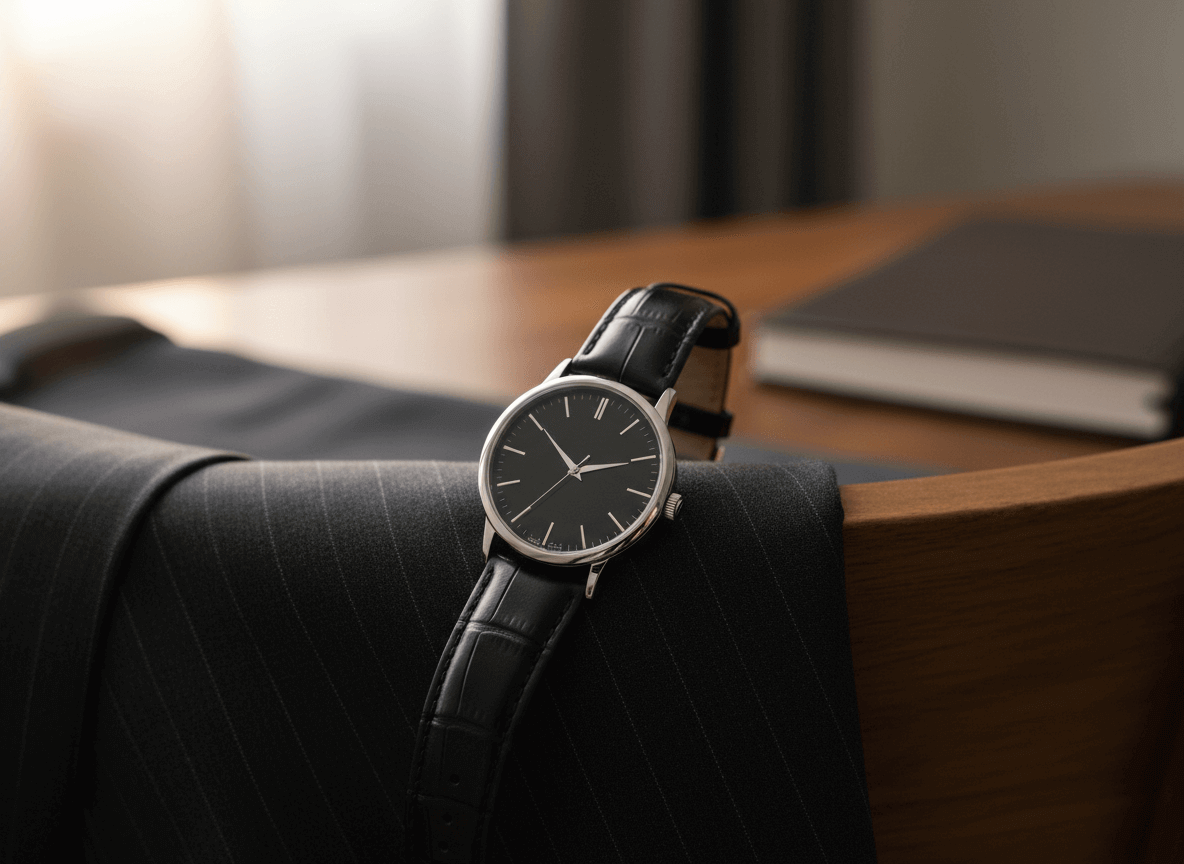 Black leather strap wristwatch with silver case resting on a dark pinstripe suit jacket on a wooden table.