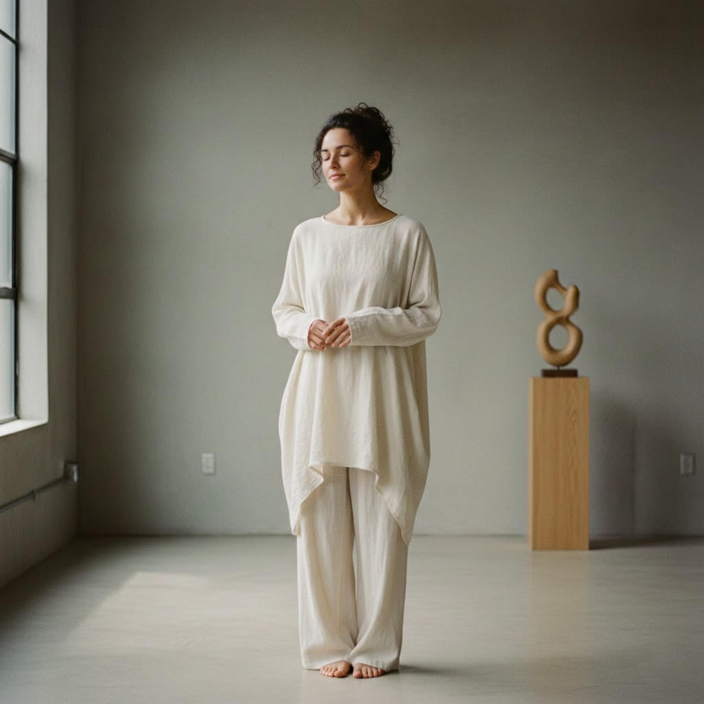 Woman in loose cream-colored outfit standing barefoot with eyes closed in minimalist room with sculpture on pedestal