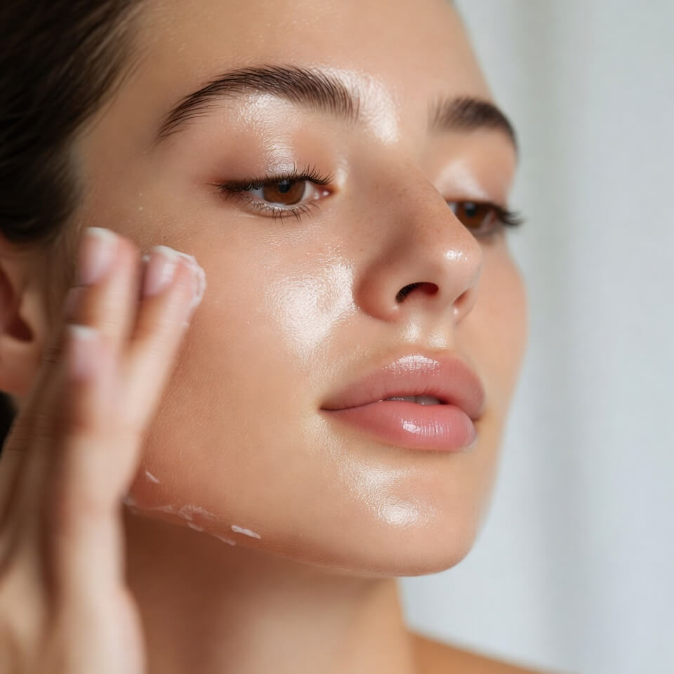 Close-up of a woman applying moisturizer to her glowing skin with her fingers