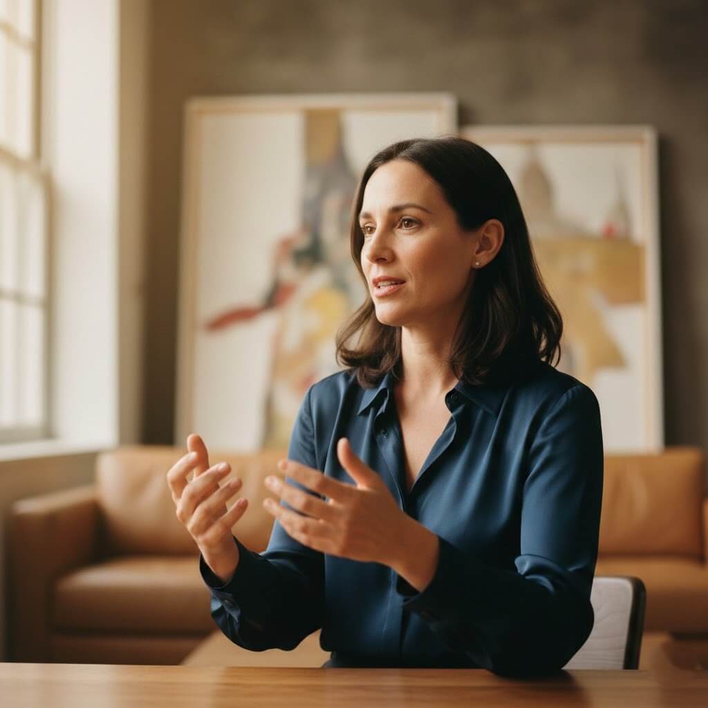 Woman in a dark blue blouse gesturing while speaking in a modern living room with abstract art in the background