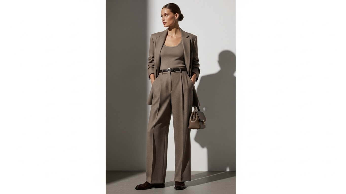 Woman wearing a taupe blazer, matching wide-leg trousers, tank top, black belt, and holding a taupe handbag.