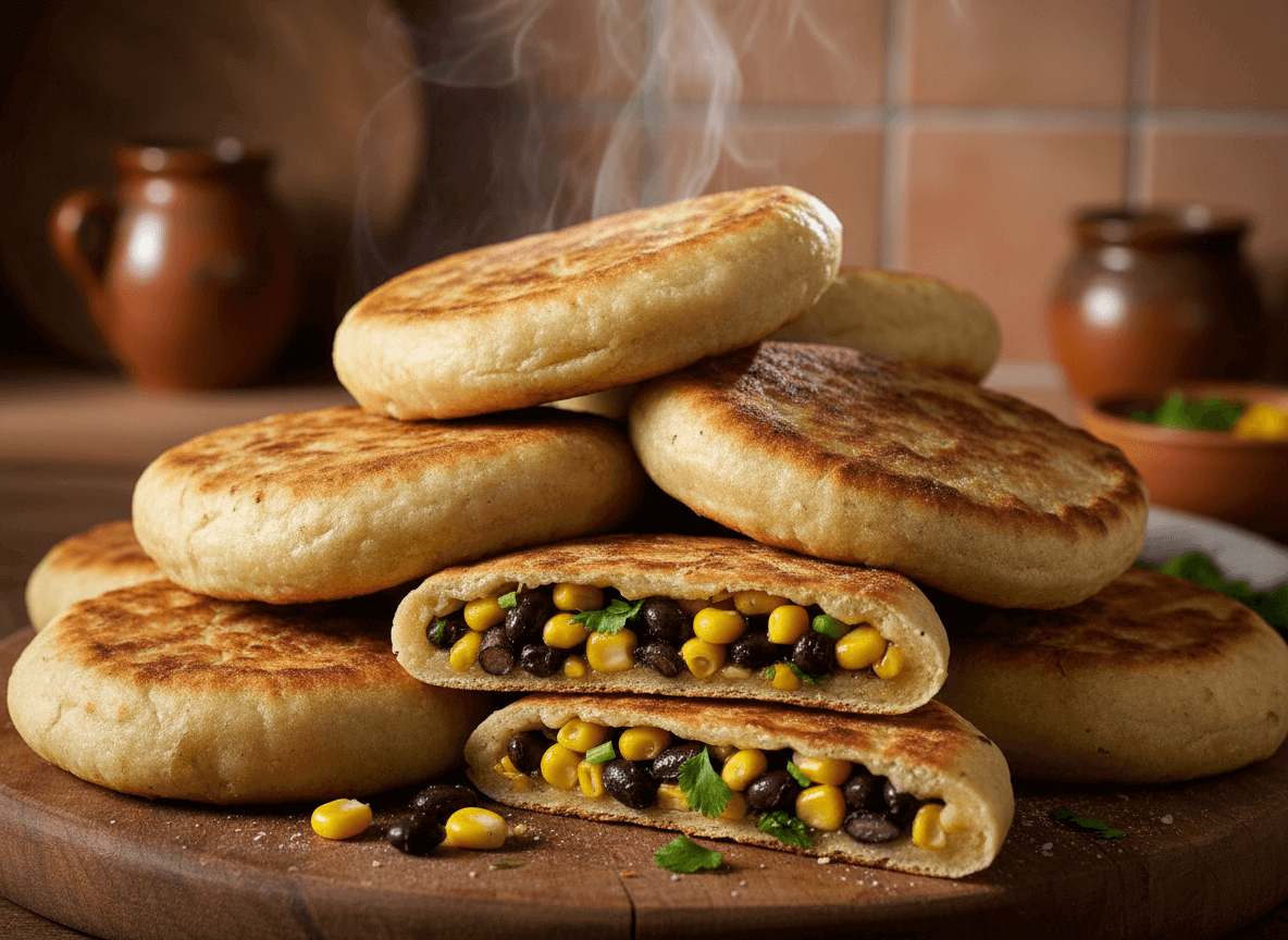 Stack of fresh pupusas filled with black beans, corn, and cilantro on a wooden board with steam rising