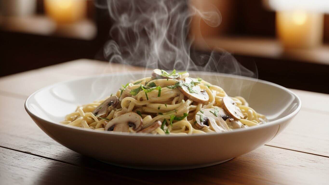 Steaming plate of mushroom pasta garnished with chopped herbs on a wooden table.