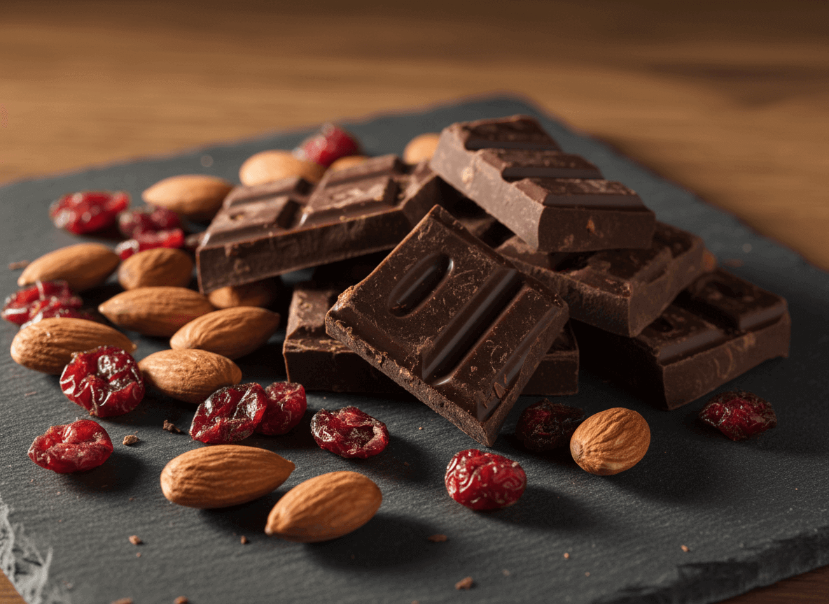 Dark chocolate pieces with whole almonds and dried cranberries on a slate board