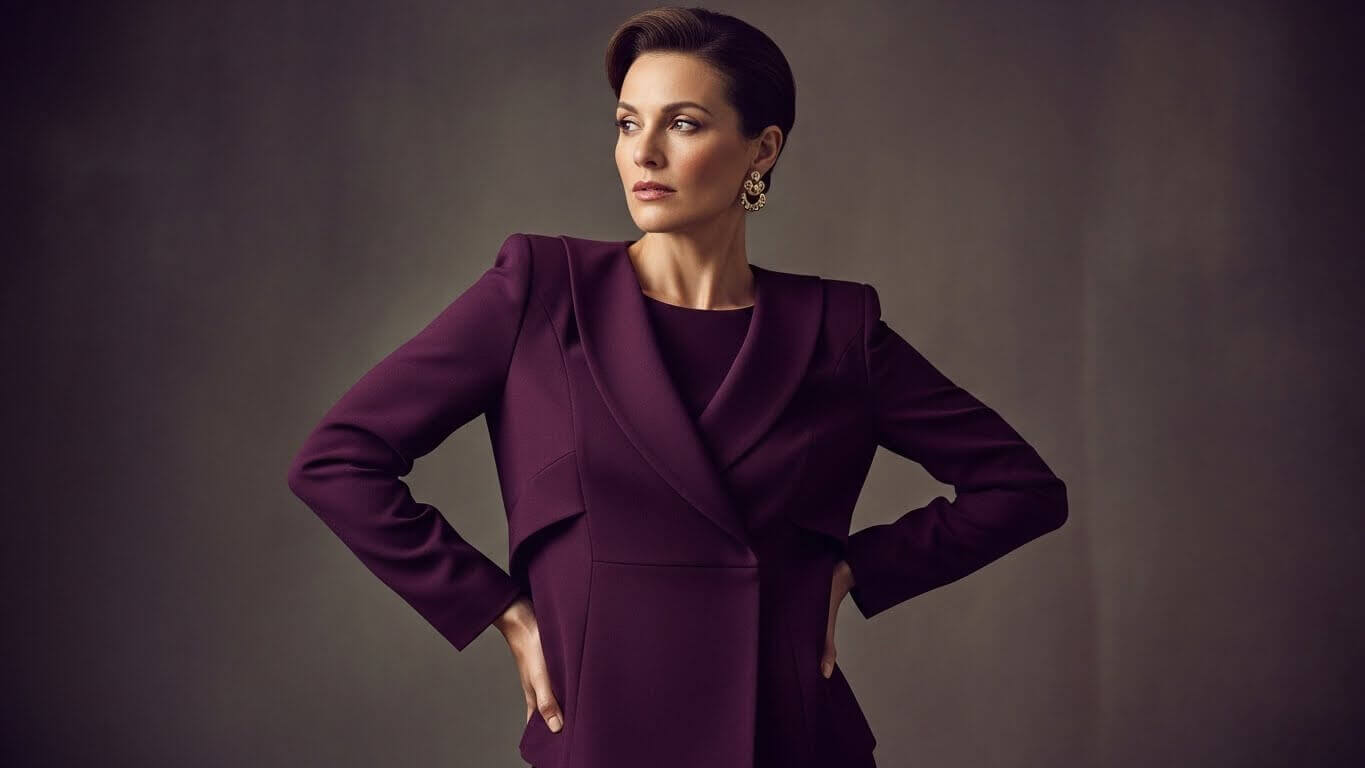 Woman in a tailored dark purple blazer with gold earrings posing against a neutral background