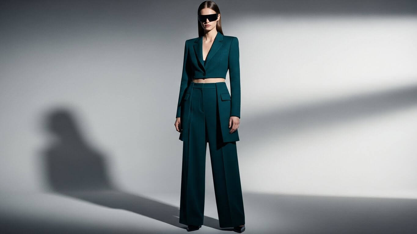 Woman wearing a dark teal cropped blazer and wide-leg pants with black oversized sunglasses against a gray background