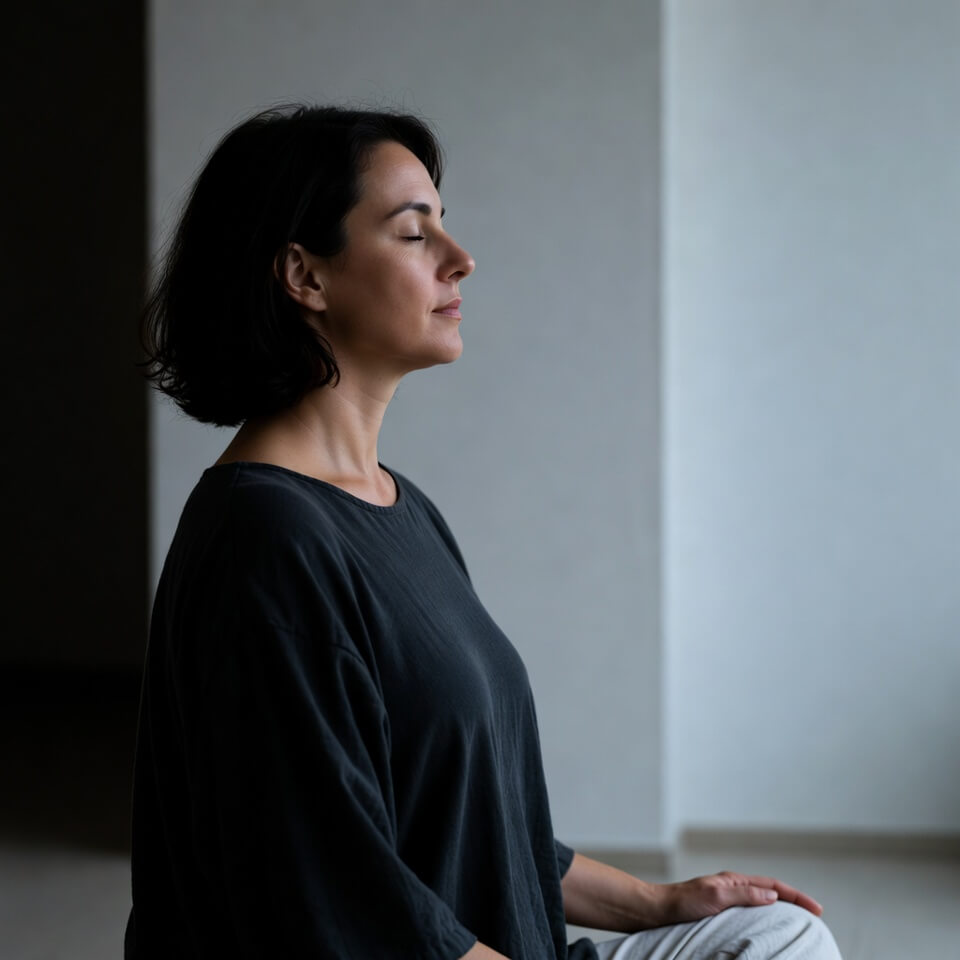 Woman with closed eyes meditating indoors wearing a loose dark gray shirt and light pants.