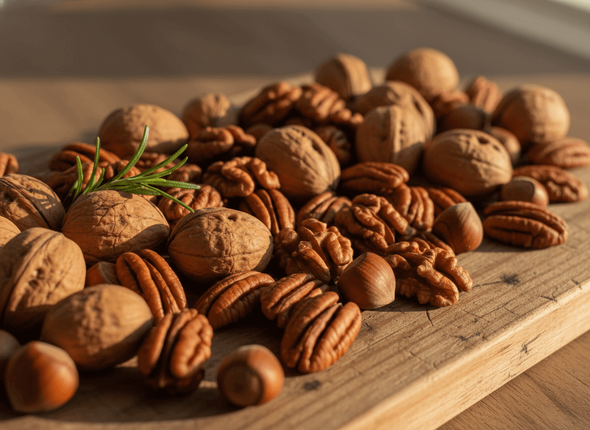 Mixed nuts including walnuts, pecans, and hazelnuts on a wooden cutting board with a sprig of rosemary.