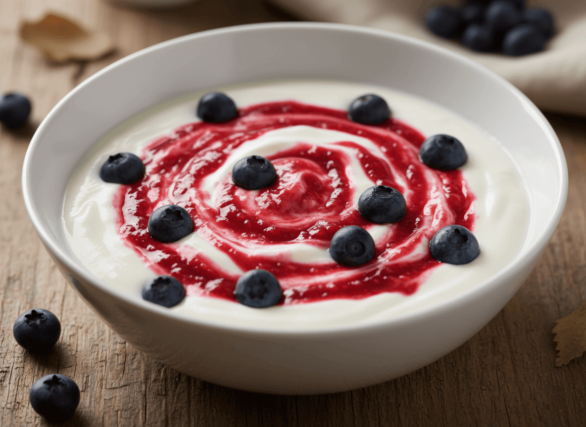 Bowl of yogurt with raspberry sauce swirl and fresh blueberries on top on a wooden surface.