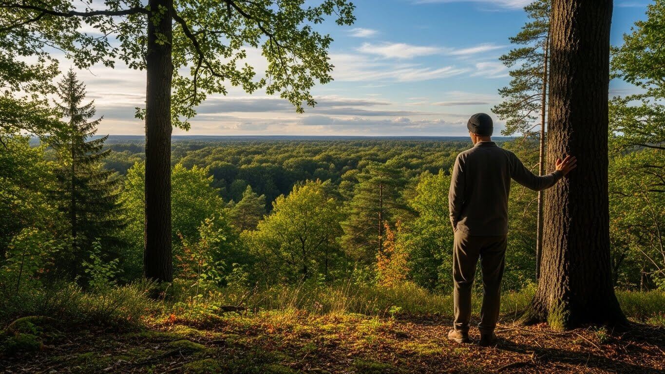 Man in outdoor clothing standing by a tree overlooking a dense green forest under a partly cloudy sky.