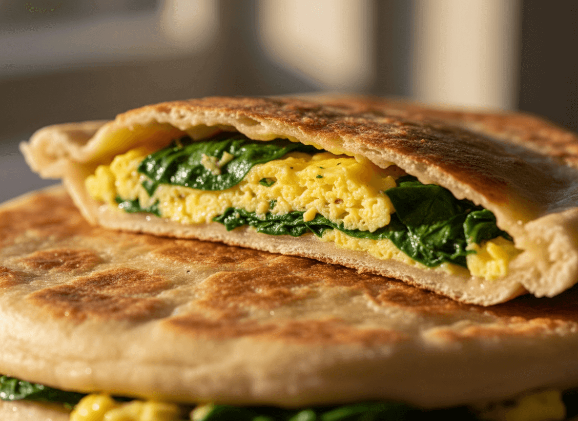 Spinach and scrambled egg stuffed flatbread sandwich with a golden-brown crust.