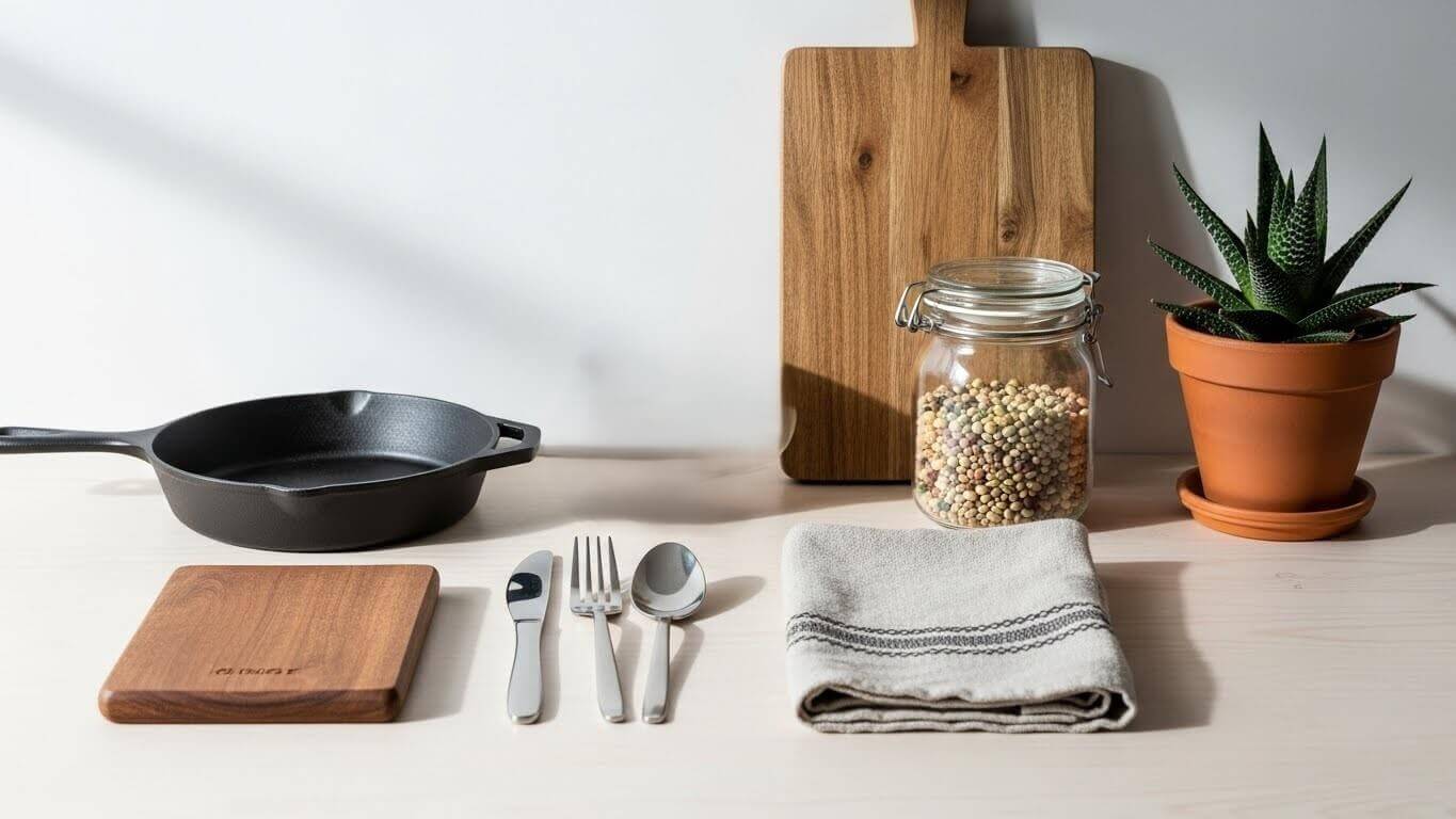 Cast iron skillet, wooden cutting boards, silverware, cloth napkin, jar of mixed beans, and potted succulent on light countertop